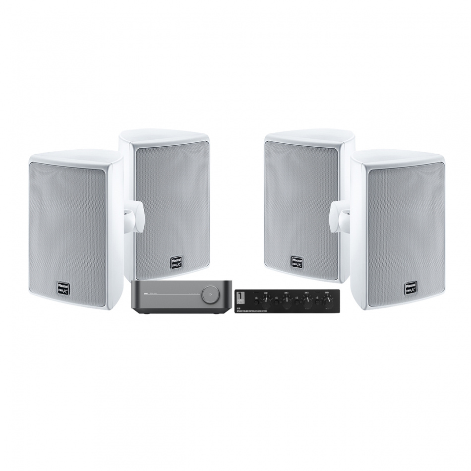 WiiM Amp kahdella parilla valkoista Magnat Symbol X 160 & SC4B kaiutinkytkin